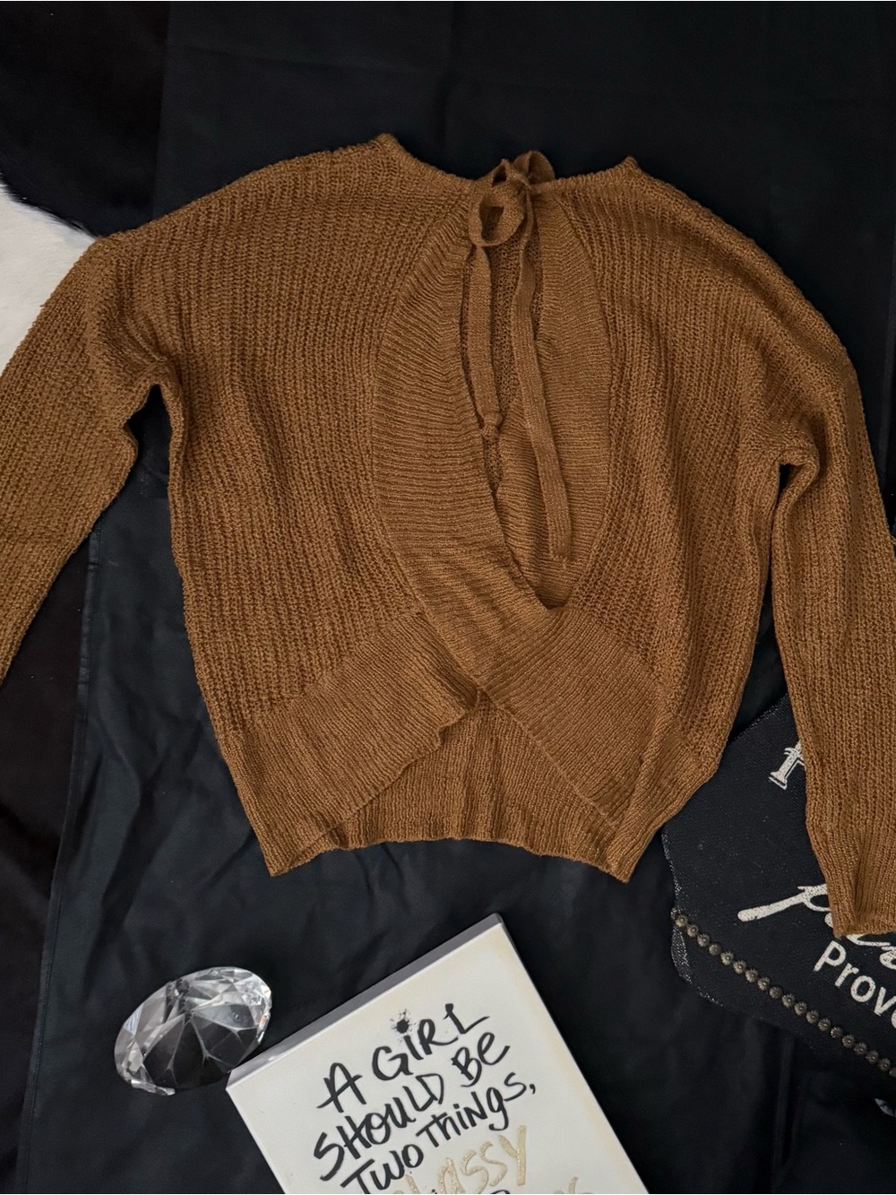 Open-Back Off-the-Shoulder Knit Sweater in Brown